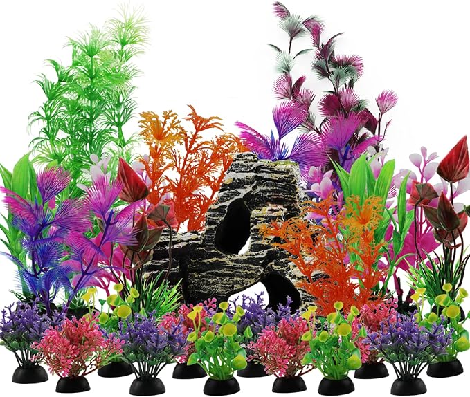Aquarium Decorations Plants with Rockery View, 25pcs Aquarium Decor Plants and Rock Cave Hideout Ornaments, Fish Tank Accessories, Fish Tank Plants Plastic Decoration for Aquariums