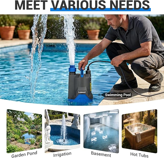 Submersible Water Pump, 1/3 HP 2450GPH Utility Pump Thermoplastic Electric Portable Transfer Water Pump for Swimming Pool Basement Flood Garden Pond Draining, Blue