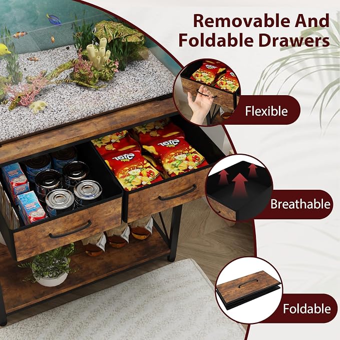 20-29-37 Gallon Fish Tank Stand with Power Outlets and 2 Drawers, Brown | Heavy duty metal frame holds up to 400 pounds with a lower shelf for a second aquarium, turtle tank or reptile terrarium