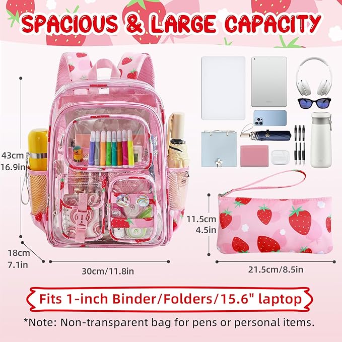 Clear Backpack for Kids, Strawberry Backpack for Girls, Water-Resistant See Through Bookbag with Chest Strap for Preschool Kindergarten College Travel Stadium Work Concert