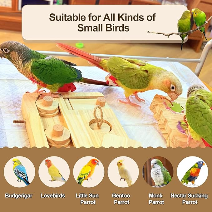 2PCS Wooden Bird Foraging Puzzle Toys Interactive Parakeet Enrichment Foraging Toy for CageBird Slow Feeder Parrot Chewing Toy for Pets, Bird Perches Stand for Sun Conure and Small Sized Birds