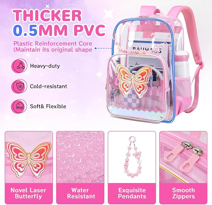 MUSEVOS Clear Backpack, Clear Bookbag for School PVC Heavy Duty Transparent Backpack for Girls, Pink Butterfly