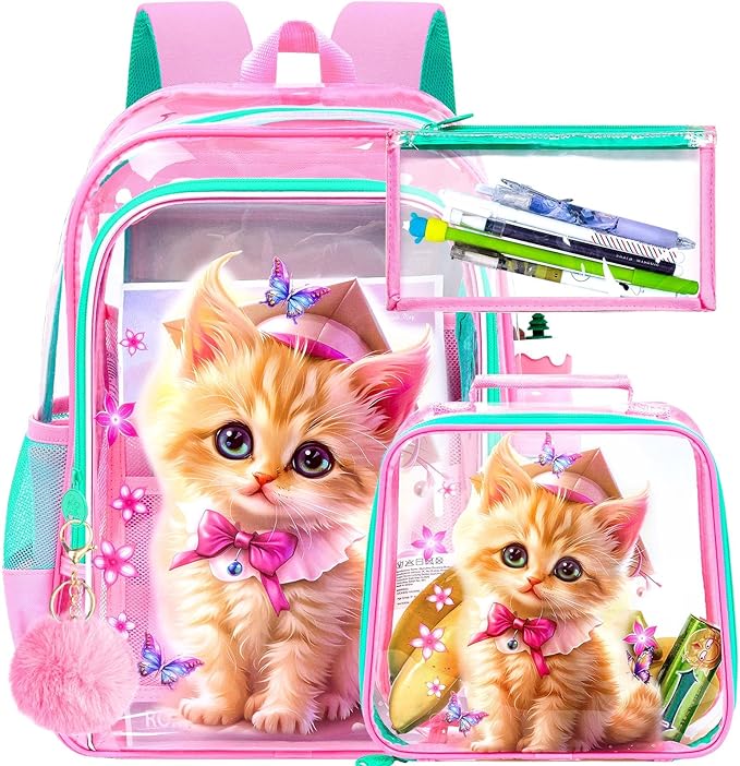 Clear Backpack for Girls and Boys, Kids Transparent Bookbag, 3PCS Cute See Through School Bag for Elementary Prechool