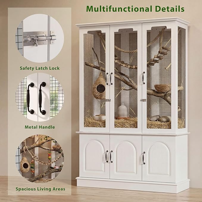 70.8" Tall White Bird Cage with Storage Cabinet, Large Flight Parrot Cage with Lock and 4-Sided Metal Mesh Design, DIY-Friendly, 47.2" Wide Bird Cages for Parakeets, Cockatiels, Finches