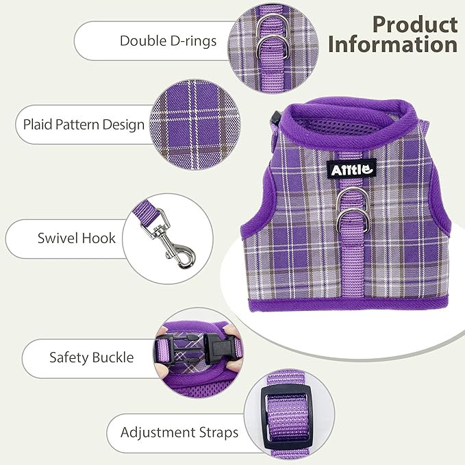 AIITLE Bunny Harness and Leash Set Escape Proof - Magic Tape Design, Lightweight Plaid Pattern Mesh Padding, No Choke No Pull for Puppy Cat Rat Squirrel Ferret, Outdoor Walking Running, Purple S