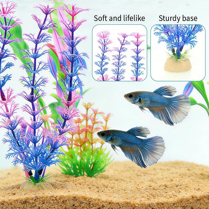 Aquarium Decorations Plants - 24pcs Colorful Artificial Aquariums Plant Decorations Plastic Aquatic Accessories Kit for Fish Tank Decor Betta Goldfish Turtle