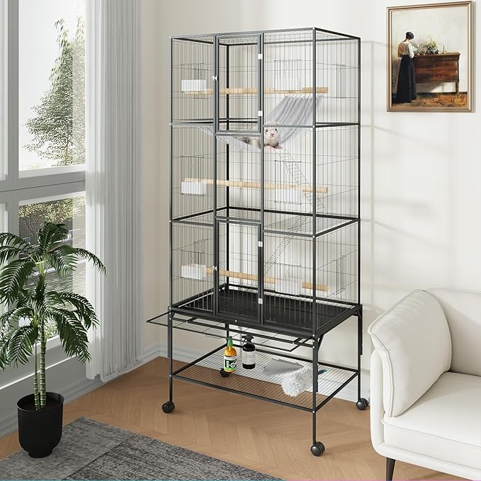 69" H Large Bird Cage, Bird Cage with 3-Tier Platforms, Ladders, Perches, Feeder, Wide Birdcage for Parakeets, Conures, Lovebirds, Quaker, Cockatiels, Budgie, Black