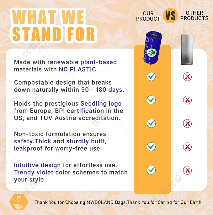 Compostable Dog Poop Bags BPI Certified Biodegradable Pet Waste Bags Leak-Proof Thickened and Opaque Eco Design (7 rolls & a dispenser)