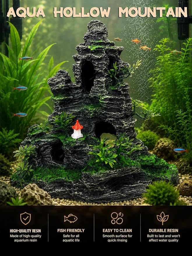 Aquarium Decor - Tall and Large Mountain Rock Ornament for Fish Tank, Aquarium Hideout with Rock Texture for Betta, Guppy, Shrimp - Aquatic Hide Decoration, Fish Hiding House（Red Tower）