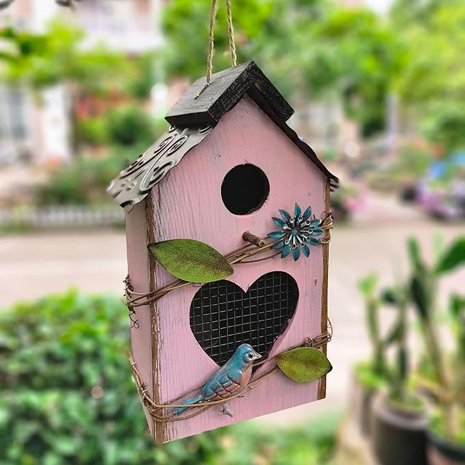 Generic Wood Bird House for Outside, 10"" H Hanging Bird House with Waterproof Metal Roof, Vintage Rustic Decorative Birdhouse Wooden Bird Nest Box for Outdoor Garden Yard Decorations (Pink)