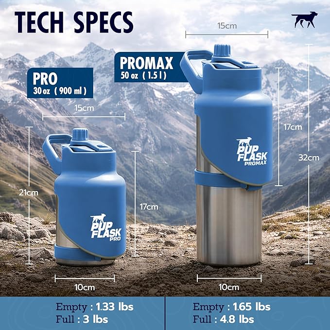 PupFlask Pro Dog Water Bottle | 30 or 50 OZ Double Wall Insulated Stainless Steel | Built-in Flip Cup Bowl | Leak Proof Cap | 24+ Hour Cold Water | Small & Large Dogs | Portable Pet Hydration Bottle