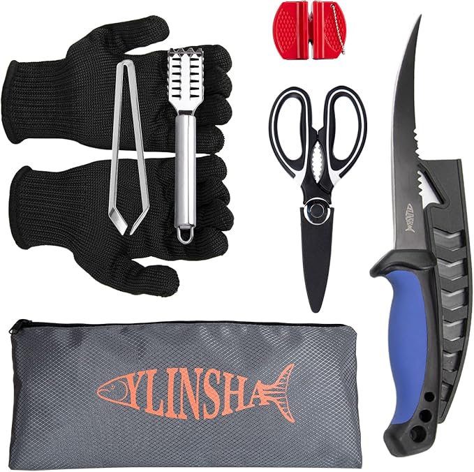 Fishing Knife, Fish Cleaning Kit 7 PC Set with Fish Knife, Fish Scale Cleaning Brush, Multi-Functional Scissors, Anti-Cutting Gloves, Fishbone Tweezers, Storage Bag