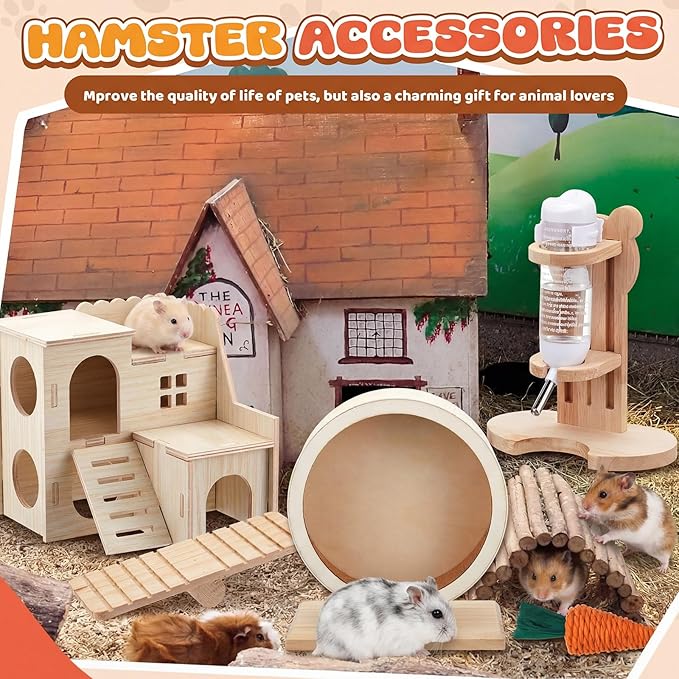 18 Pcs Hamster Cage Accessories, Silent Hamster Wheel, 15 Chew Toys Set, Maze Wood House and Water Bottle Set for Rat Mice Small Animals Habitat (Harmony Wooden Style)