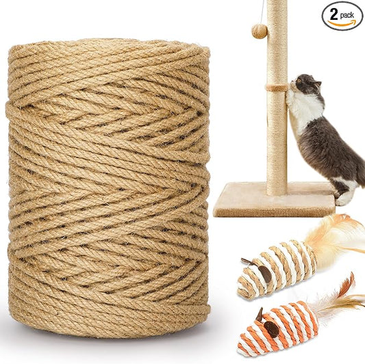262FT/80M Cat Scratching Sisal Rope, 6mm 1/4inch Thick Natural Jute Rope for Scratch Posts, Cat Trees, DIY Projects, Sisal Rope for Scratcher with 2 Mouse Toys (Natural, 262ft)