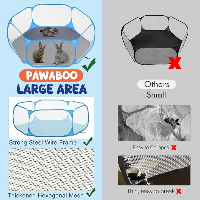Pawaboo Small Animals Playpen with Pad, Waterproof Small Pet Cage Tent with Reusable Pad, Portable Outdoor Yard Fence for Chick/Kitten/Puppy/Guinea Pig/Rabbits/Chinchillas, Blue+Gray