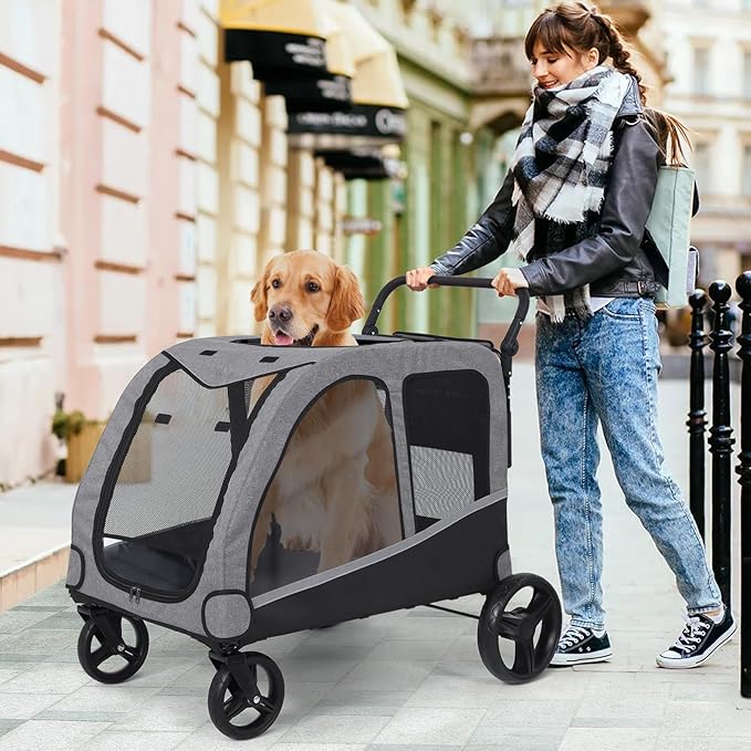 Saudism Dog Stroller for Large & Medium Dogs, Extra Large Pet Stroller, Dog Wagon for 2 Dogs, Foldable Design, Adjustable Handle, with Pocket, Up to 130 lbs