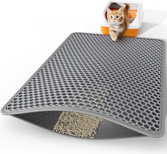 Powools Cat Litter Mat - 46" x 35" Jumbo Litter Box Mat with Double Layers, Urine-Proof and Non-Slip Litter Trapping Mat, Easy to Clean Kitty Litter Mats for Floor, Scatter Control, Grey