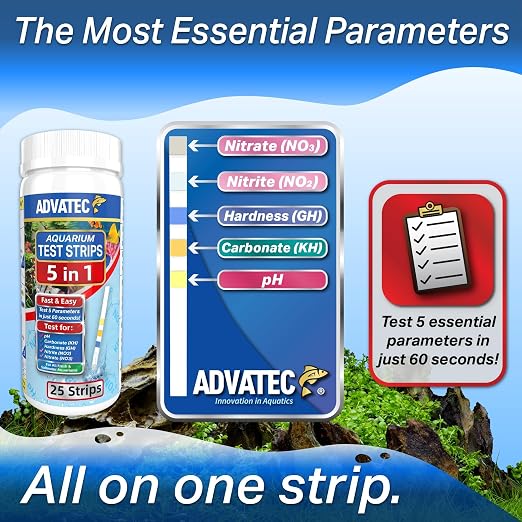 5 in 1 Aquarium Test Strips Kit for Freshwater & Saltwater - Water Fish Tank Tester for pH, Carbonate, General Hardness, Nitrite & Nitrate - 25 Count
