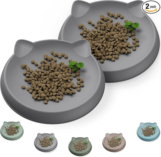 Cat Bowls for Indoor Gentle Small Kitten (2pcs, Soft Silicone) Shallow Wide Plates Feeder Whisker Fatigue Relief Cute Pet Kitty Food Water Dishes Set Anti Slip, Dishwasher Safe
