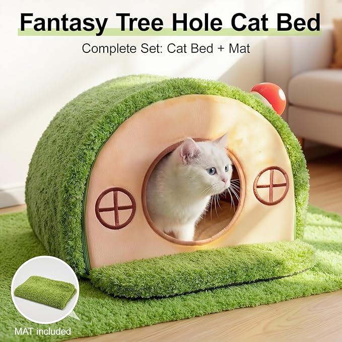 Cat House for Indoor Cats - Cute Cat Bed Cave, Tree Hole Cat Bed Tent for Kittens and Small Medium Pets with Removable Washable Cushion & Anti-Slip Bottom, Enclosed Kitten Bed Hideaway