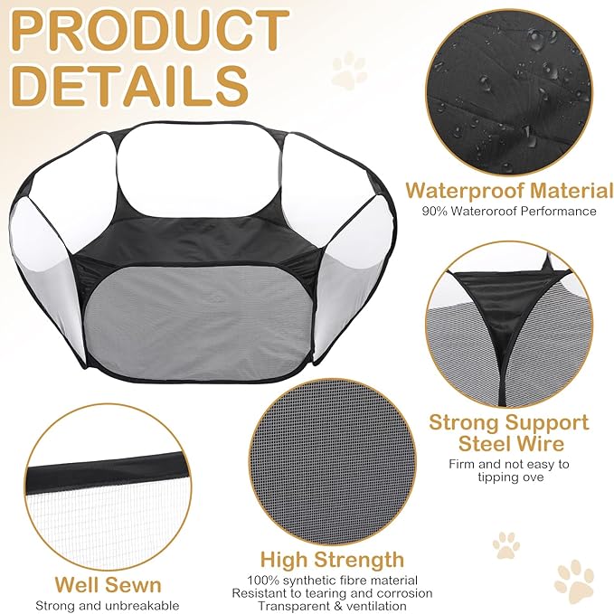 VitalCozy Hamster Playpen with Mat Small Animal Cage Tent Breathable Transparent Guinea Pig Playpen Waterproof Portable Yard Fence Mat Foldable Exercise Playpen Outdoor Indoor (Black,Star)