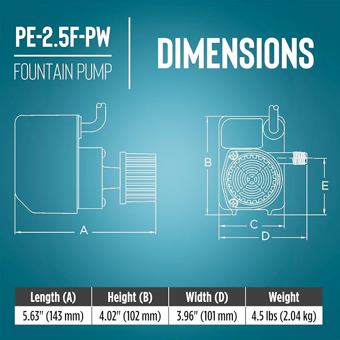 Little Giant PE-2.5F-PW, 115V, 475 GPH Small Submersible Pump, 15' Cord | 1/28 HP, For Fountains/ Small Ponds/ Hydroponics/ Recirculation, Epoxy-coated Aluminum, Manual (no switch), 566612