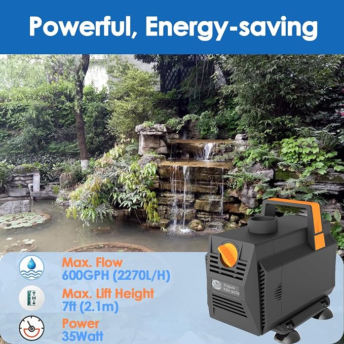 AquaMiracle 600GPH Submersible Water Pump Pond Pump(2270L/H, 35W), Water Fountain Pump Aquarium Water Pump with Flow Control for Fish Tank, Waterfall, Statuary, Filtration, Water feature, Hydroponics