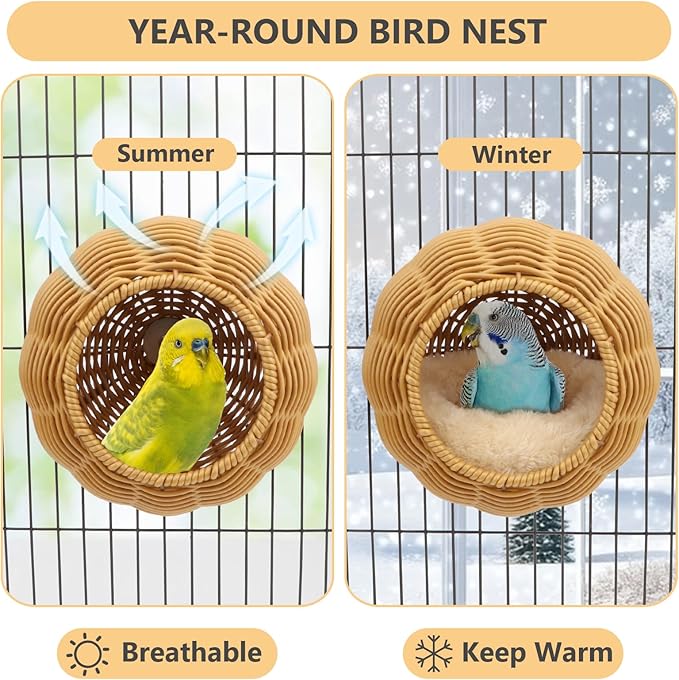 Hypeety Rattan Steel Frame Bird Nest for Cage Chewproof Parakeet Nest House Small Bird Bed Hammock with Removable Soft Plush Cushion for Small Parrots Budgies Canaries Cockatiels Finches Lovebirds