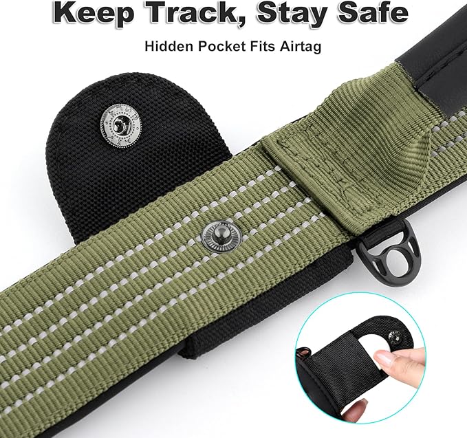 Plutus Pet Tactical Dog Collar with Tracker Pocket for AirTag, Adjustable Reflective Nylon Collar, Metal Buckle, Leather-Wrapped Handle, Soft Padded for Medium Large Dogs (Ranger Green, L)