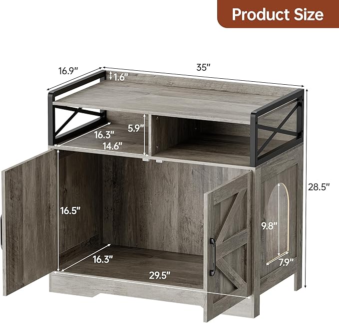 OtterOasis Cat Litter Box Enclosure, Ultra-Large Hidden Litter Box Furniture with Top Opening, Anti-Tipping Fence and 2 Open Drawers, Litter Box Cabinet End Table, Grey