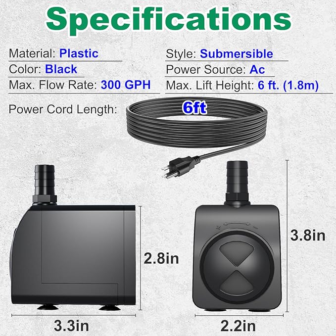 300GPH Submersible Water Pump 5.2ft High Lift for Fountains | Ultra-Quiet with Over Heating Protection, Perfect for Hydroponic, Small Pond, Aquarium, Fountain Outdoor