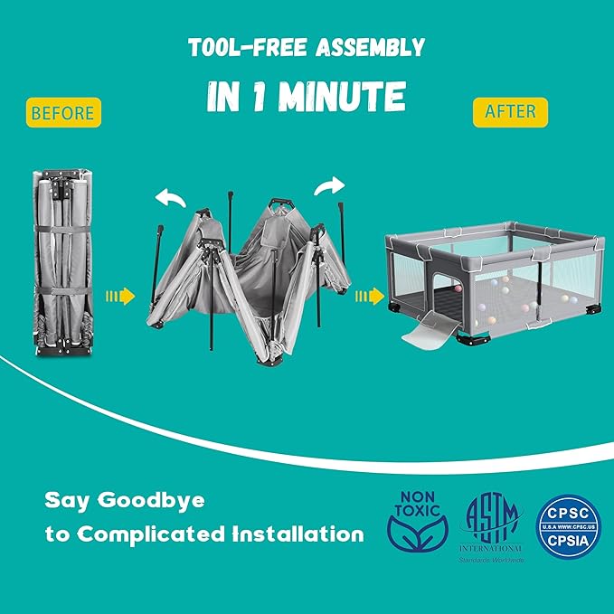 ICAREWAY Foldable Playpen for Babies and Toddlers, 71"x59" Inches Portable Playpen with Mat, Kids Collapsible Play Pen with 2 Handlers, Indoor & Outdoor Baby Play Area with Visible Mesh (Light Gray)