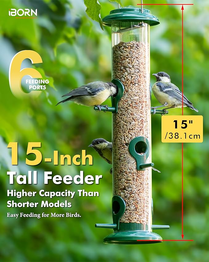 iBorn Metal Bird Feeders 6 Ports Hanging Wild Bird Seed Feeder for Mix Seed Blends, Seed Feeder, Sunflower Heart, Birdbath, Heavy Duty All Metal Green Finishing 15 Inch 6Port, Pack of 2,Gift Box