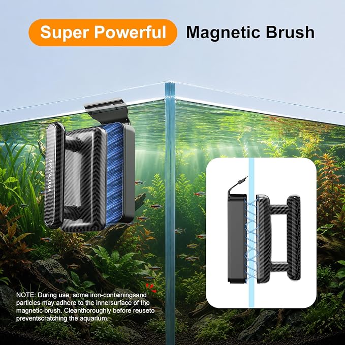 Magnetic Aquarium Cleaning Tool, Medium, for Glass up to 10 mm | Magnetic Two-Piece Movement, Floating Inner Unit, Textured Cleaning Pad, Scraper Attachment, Carbon-Fiber-Look Handle