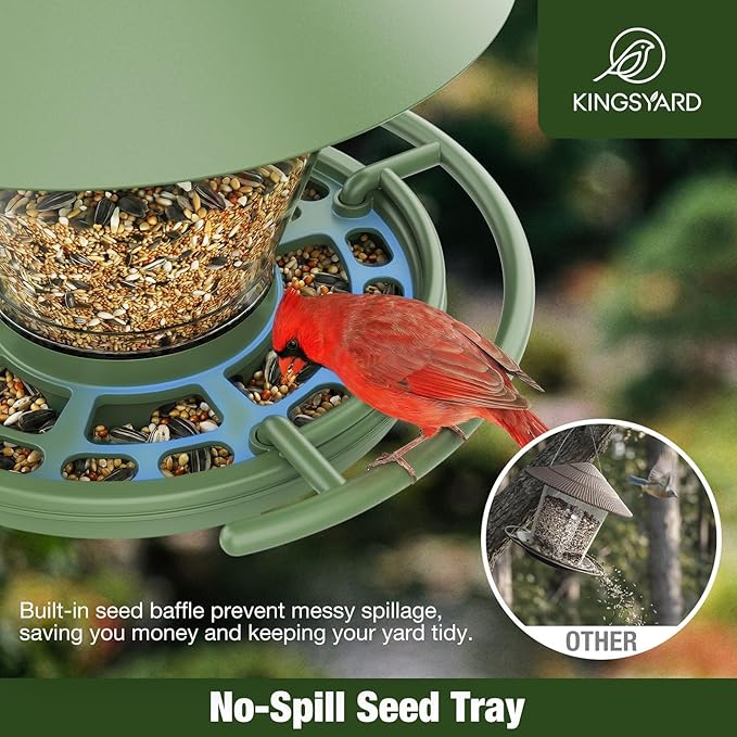 Kingsyard Wild Bird Feeder for Outdoors Hanging, No-Waste Tray with Seed Guard & Circular Perch, Garden Yard for Cardinal Finch, 4 lb Large Capacity, Green