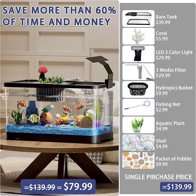 5.3 Gallon Fish Tank, 9 in 1 Betta Fish Tank, Aquarium with LED Full Spectrum 3 Color Light, 3 Modes Filter, Hydroponic Basket, Fishing Net, Shells, Aquatic Plant, Coral, Pebbles, Starter Kit (Black)