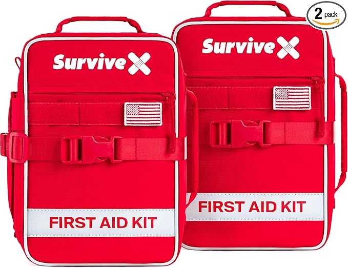 SurviveX Large First Aid Kit for Car, Travel & Home - Emergency Kit for Hiking, Camping, Backpacking and Outdoors - Includes Zip Stitch Wound Closure Strips (Pack of 2)