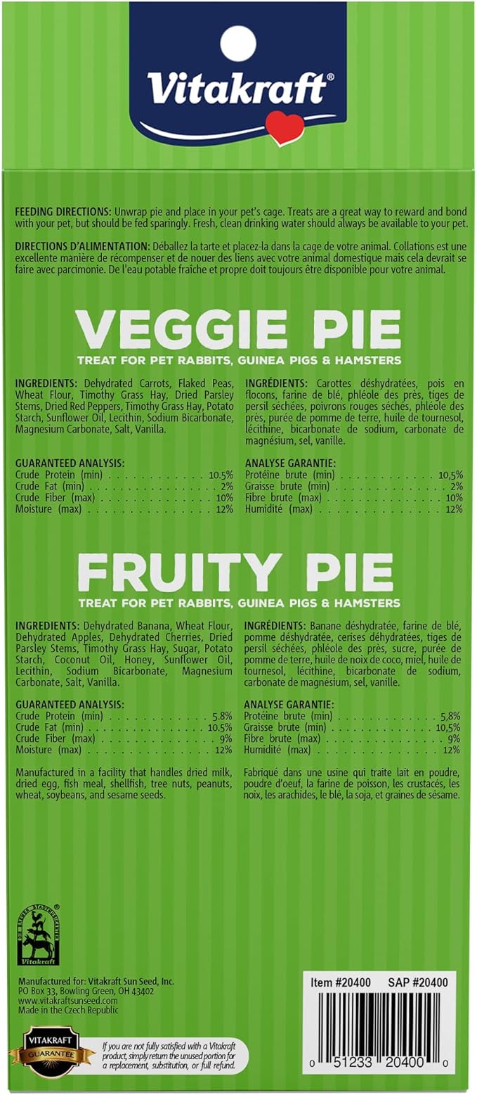 Vitakraft Veggie & Fruity Pie Treat for Pet Rabbits,Guinea Pigs,and Hamsters,2 Pies,Brown,24" x 50",1.27 Ounce,(Pack of 2)
