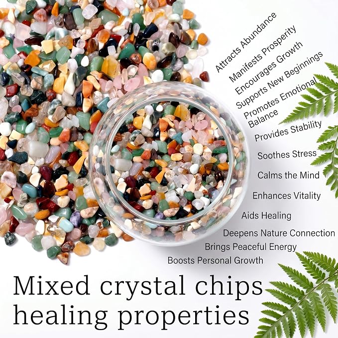 Mixed Crushed Crystal Chips Bulk 2lbs 2400+Pcs Assorted Tumbled Stone Chips Natural Polished Mixed Chakra Aquarium Gravel Rocks for Plants Terrarium Supplies Fish Tank Gravel Pebbles Vase Filler