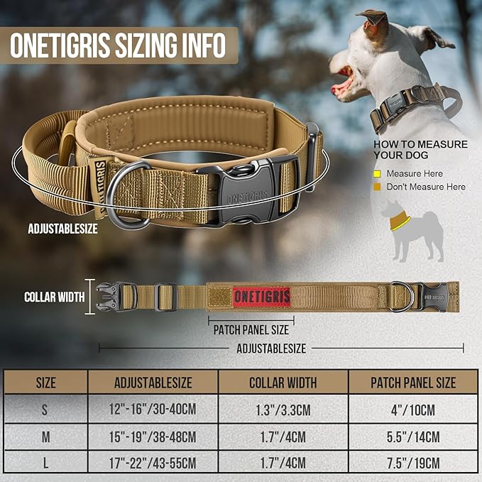OneTigris Tough Dog Collars, Tactical Dog Collar with Handle, Milltary Adjustable Dog Collar with Heavy Duty Metal Buckle for Training (Large (Pack of 1), Brown)