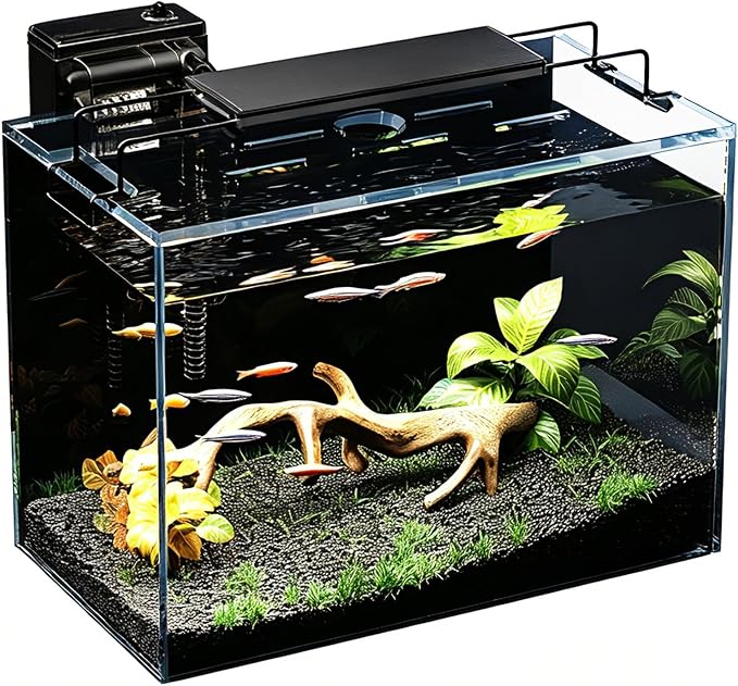 5 Gallon Fish Tank Kit with Filter Light with Timer, Lid Rimless Glass | Black Background, Low-iron Glass, 5 Brightness, Adjustable Water Flow, Self-cleaning, for Betta Shrimp Guppy Snails