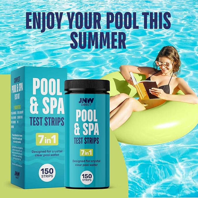JNW 7-in-1 Pool Test Strips, 150 Quick & Accurate Test Strips for Pool Water, Spa Test Strips for Hot Tub, Chlorine Test Strips, Bromine, pH, Alkalinity, Hardness & More - Swimming Pool Test Kit