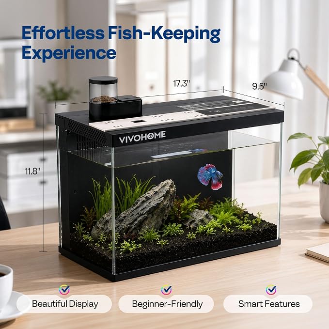 VIVOHOME 5 Gallon Smart Fish Tank with APP Control and Auto Feeder | Aquarium Starter Kit with Filter and Pump, Temperature Display, RGB LED Light, Self Cleaning Betta Fish Tank for Desktop