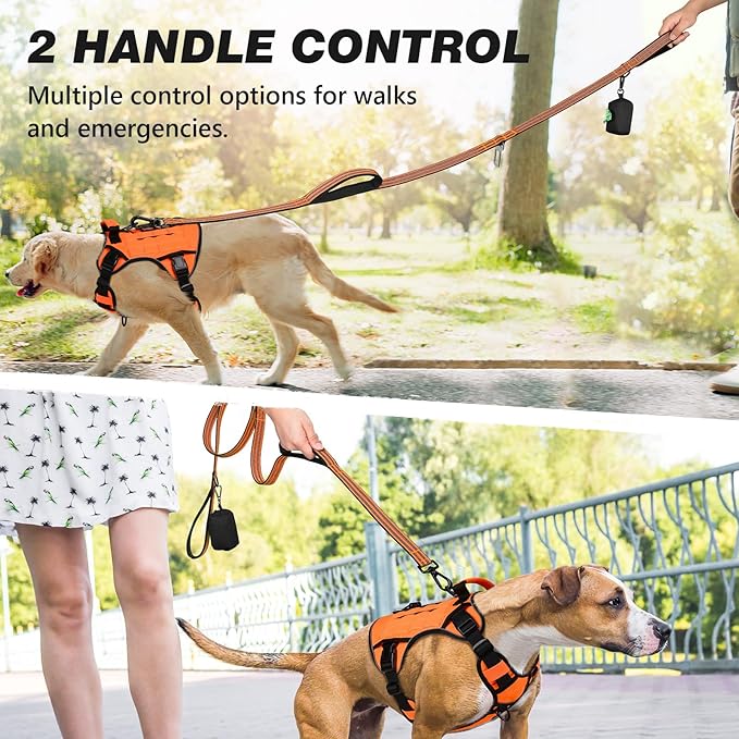 WINGOIN Dog Leash for Large Medium Small Dogs, Heavy Duty Dog Leashes with Double Handle, Poop Bag Holder, Car Seat Belt Buckle, Reflective Tactical Pet Lead for Walking, Training (Orange, 5FT)