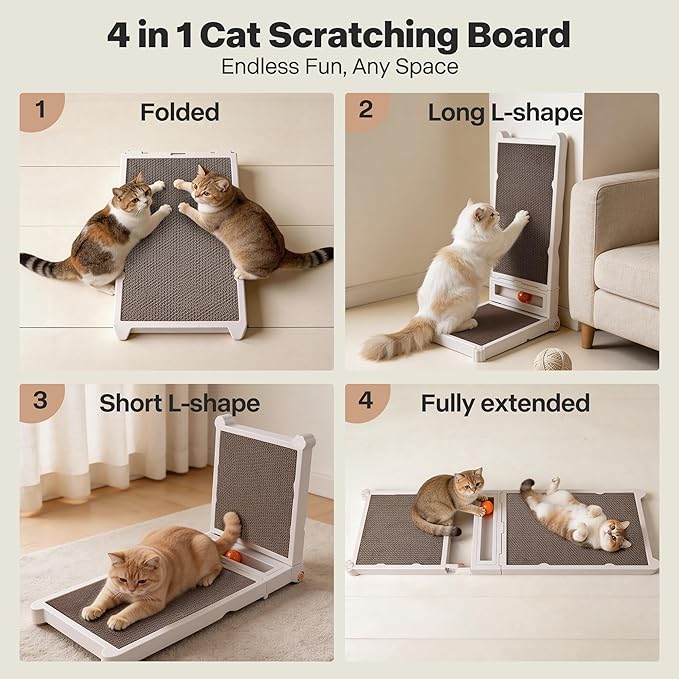 Foldable L-Shaped Cat Scratcher with Ball Track Toy, No Assembly Cat Scratch Pad with 4 Shapes, Reversible & Replaceable Cardboard Scratching Board for Indoor Cats