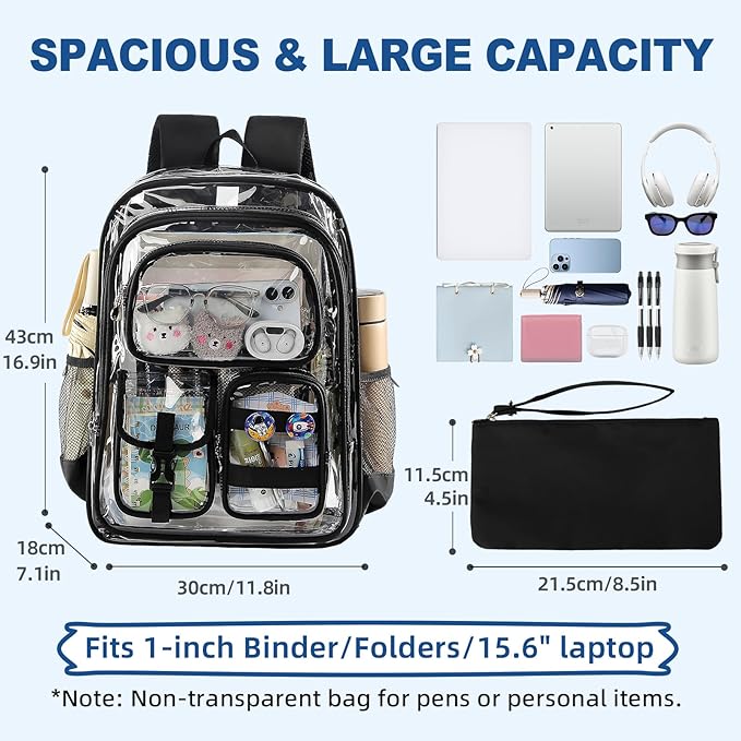 Clear Backpack, 17 inch Extra Large Transparent Backpacks with Accessories & Privacy Pouch, Cold-resistant Plastic Backpack for Teen Kids Adults, Black