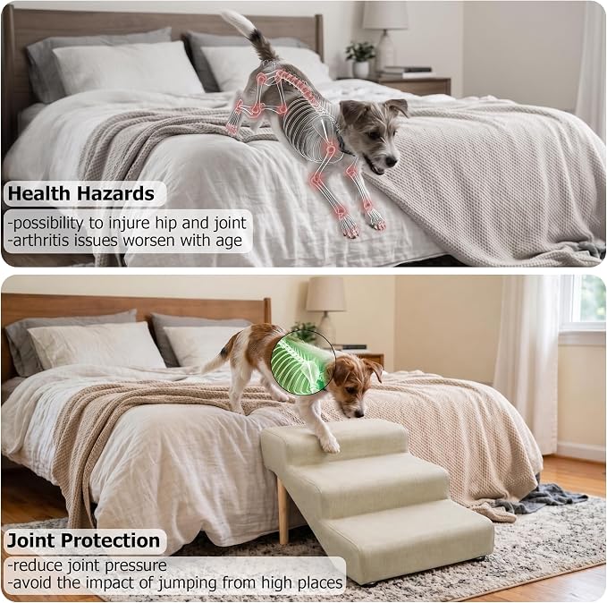 3-Step 15.7" H Dog Stairs for Bed Couch, Waterproof & Scratch PU Leather Pet Steps for Small Dogs and Cats, Dog Ramp with 220 lbs Maximum, Oak Leg & Solid Wood, Non-Slip Feet,Cream