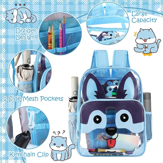 Kacctyen 3 Pcs Clear Backpack Heavy Duty Clear Stadium Bag Transparent Backpack with Lunch Bag(Blue,Dog)