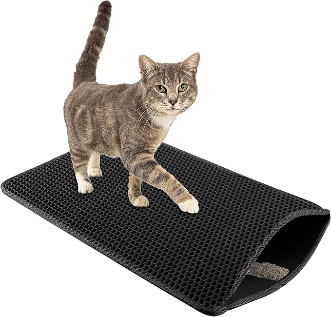 Cat Litter Mat - 24x15 Waterproof Litter Box Mat with Dual-Layer Honeycomb Design for Trapping Litter - Slip-Resistant Cat Mat by PETMAKER (Black)