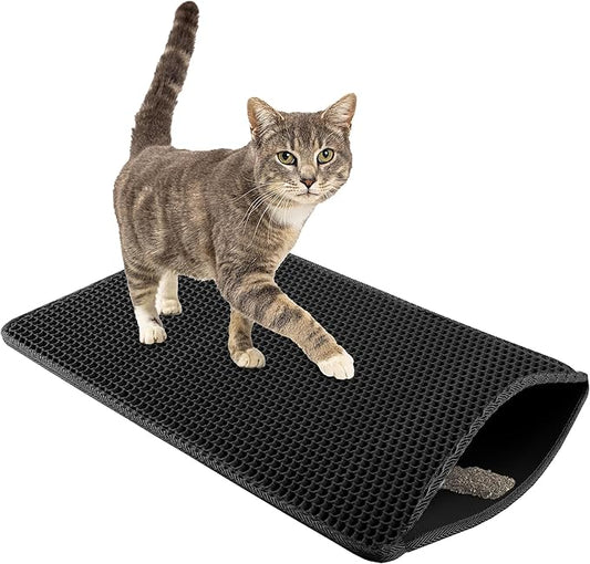 Cat Litter Mat - 24x15 Waterproof Litter Box Mat with Dual-Layer Honeycomb Design for Trapping Litter - Slip-Resistant Cat Mat by PETMAKER (Black)